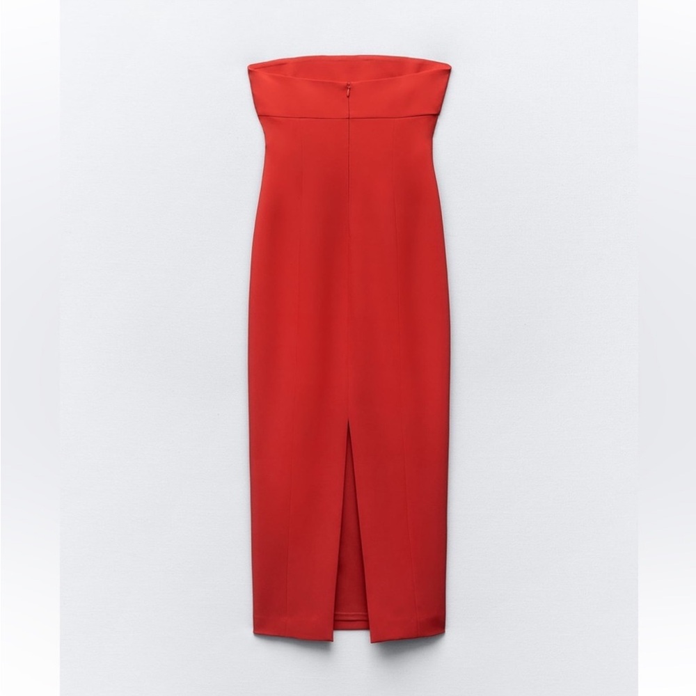 Zara Red Fitted Strapless Bodycon Midi Dress straight neckline Stretchy NWT - Picture 6 of 10